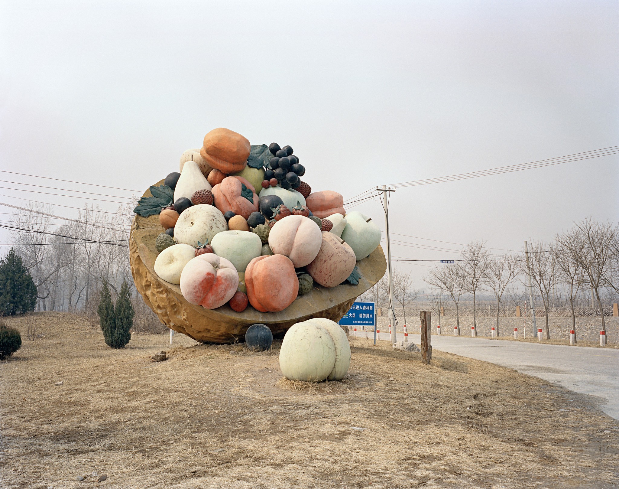 Photographie de la série Chinese Fun par Stefano Cerio. La photographie montre un panier de fruit géant au milieu d'un parc, le ciel et gris et l'impression d'inquiétante étrangeté est manifeste.